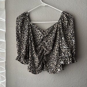 Leopard Print Puff Sleeve Top Ruching In Front & Stretchy Back Beige & Black
